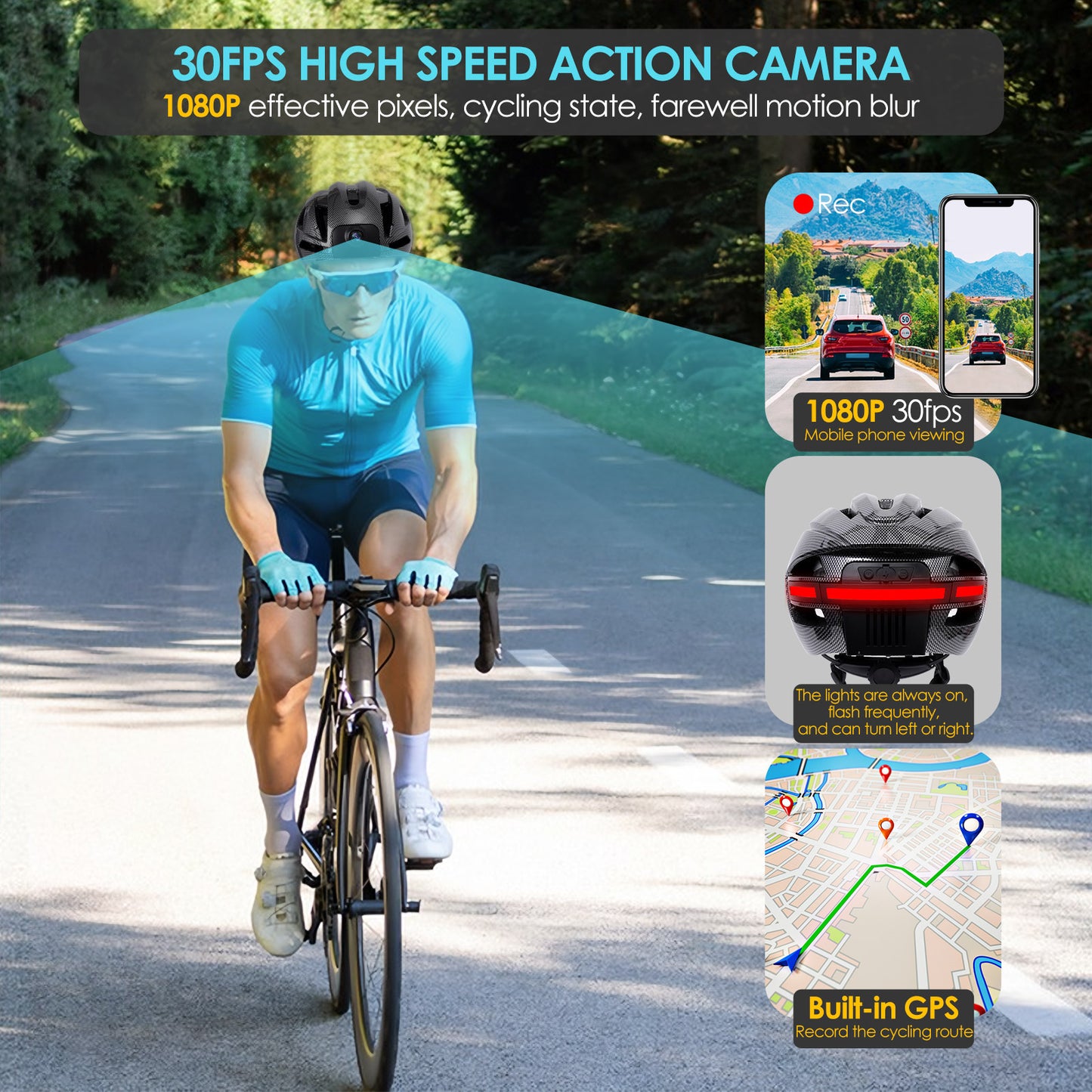 xpootoon Adult Bike Helmet with Bluetooth,Camera Smart, Warning Lights and Rear Turn Signal, 1080P HD Video, Included 64GB Card, GPS Track Recording