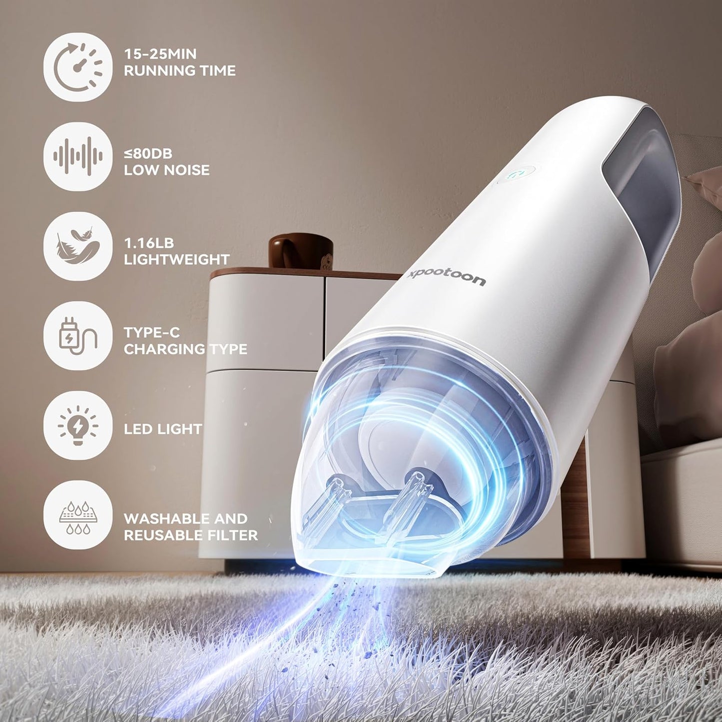 xpootoon Car Vacuum Portable Cordless, Dust Busters Cordless Rechargeable with LED Light, 4 in 1 Blow & Suction Hand Held Mini Vacuum Cleaner, Multiple Nozzles, for Car, Pet, Home, Office